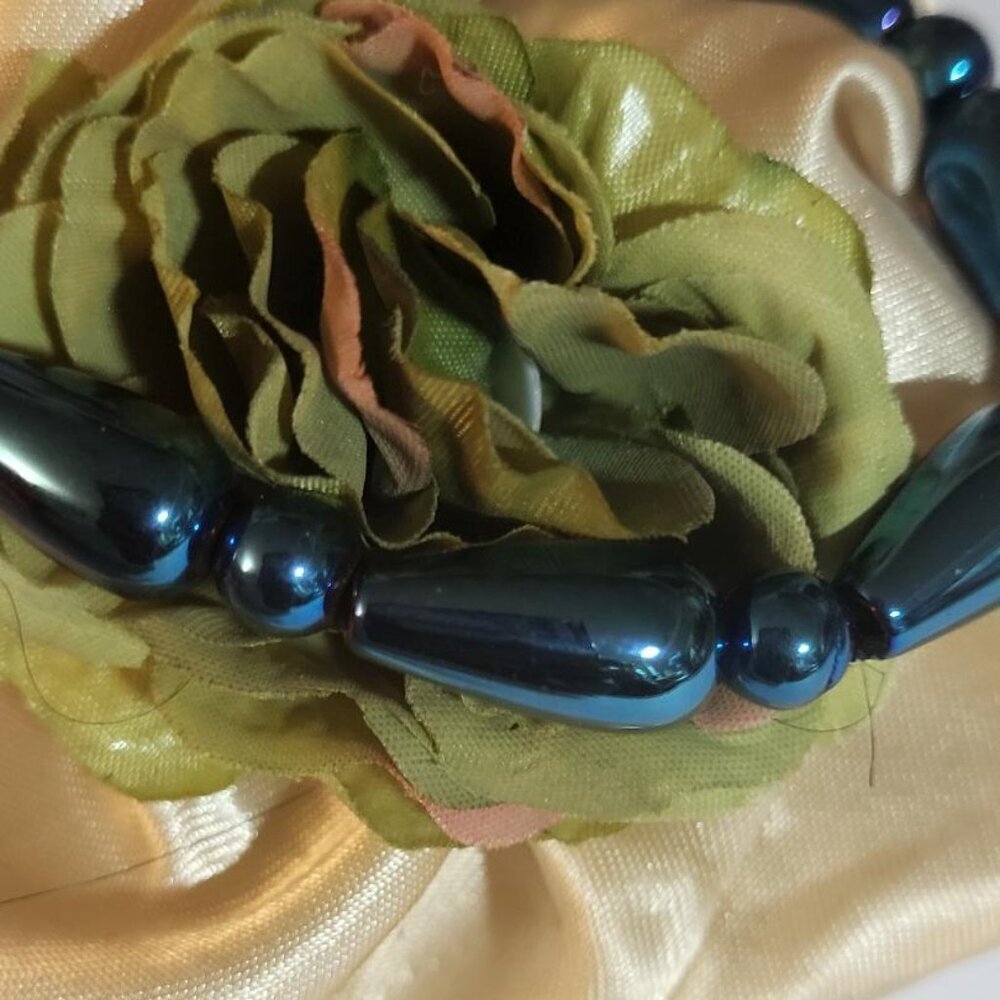 New, Blue Color, Hematite Beaded Stretch Bracelet, 145.00ctw